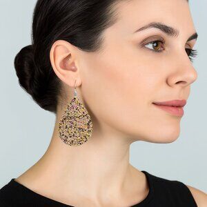 Glittered Teardrop Dangle Earrings Faux Leather 2.95 Drop Goldish New